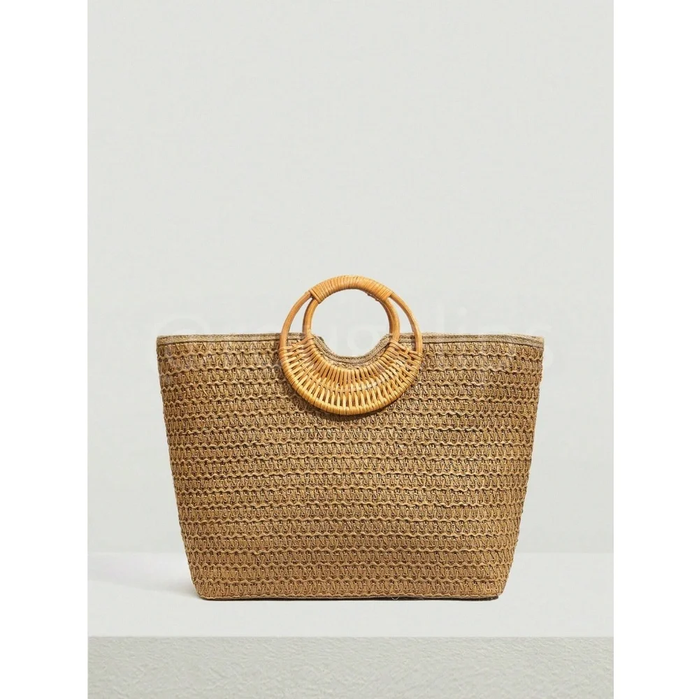Sequined Floral Decorated Straw Tote Bag Bamboo Handle